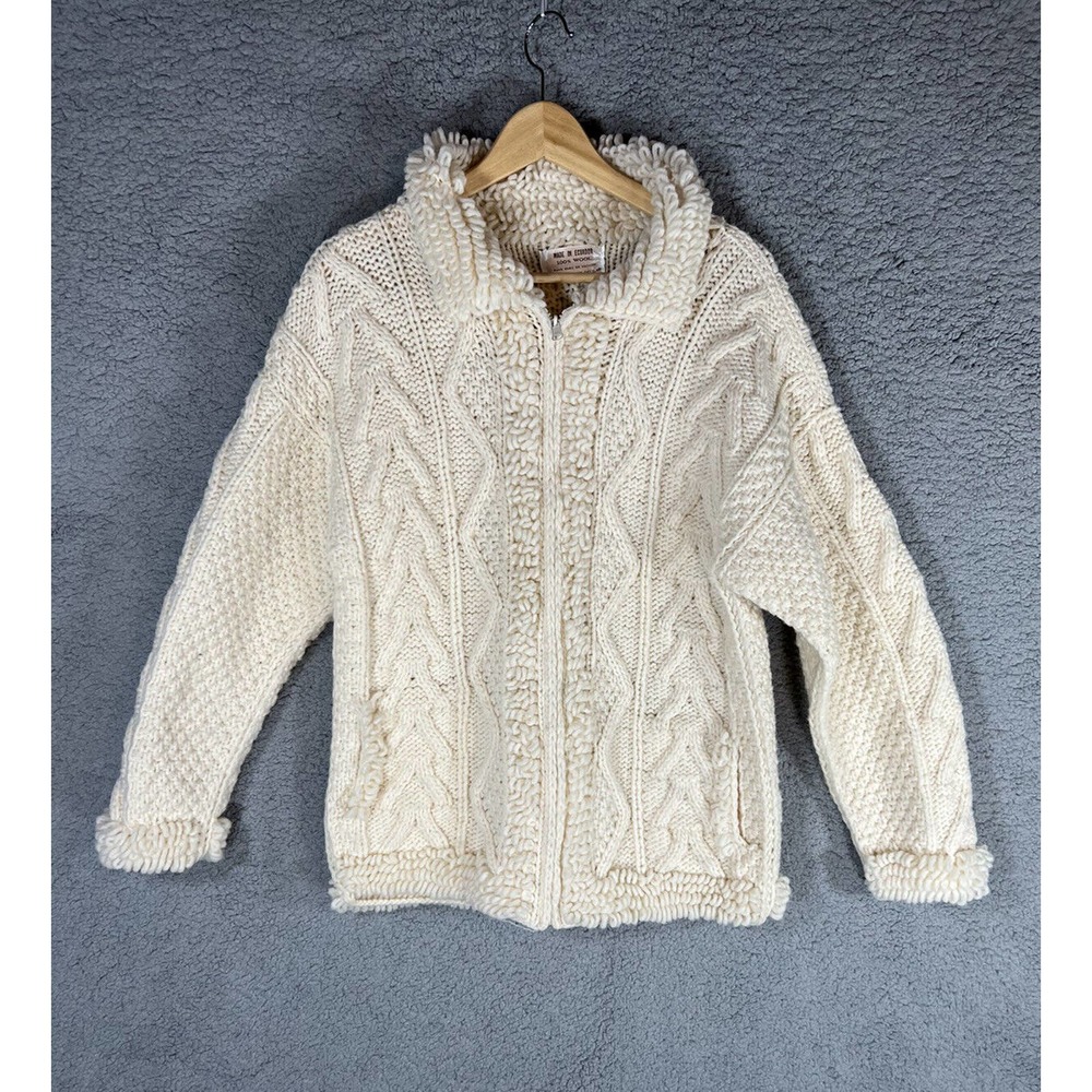 Cardigan Sweater Cream Wool Cable Knit Womens Medium Made In Ecuador Fisherman